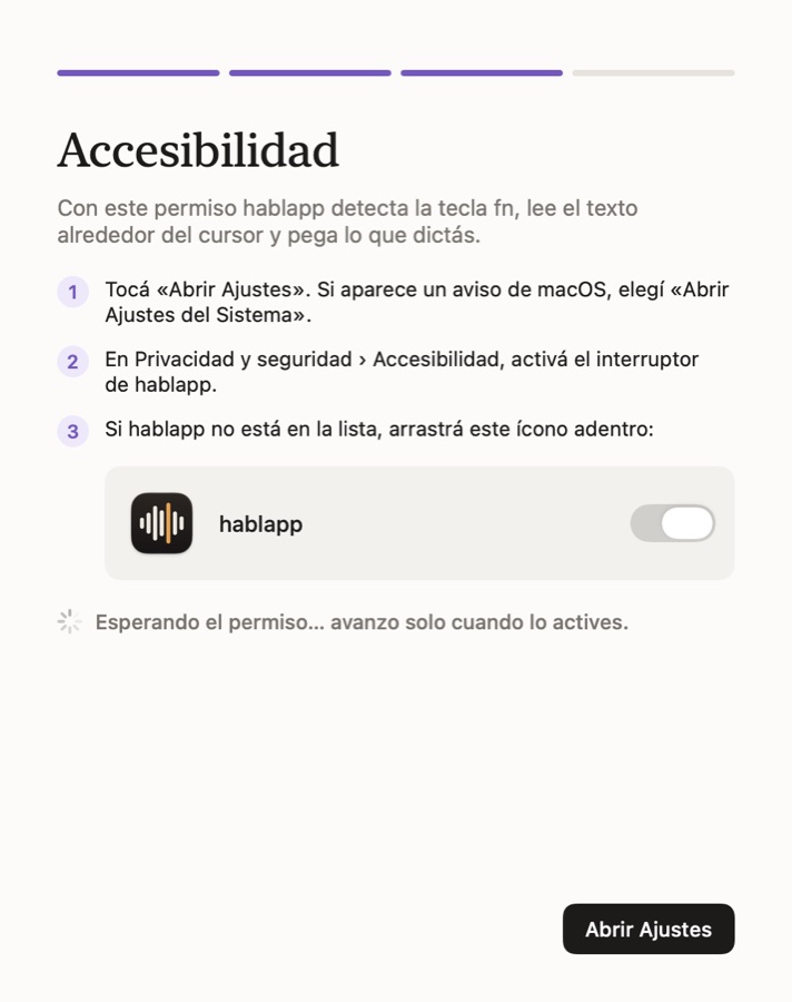 Pantalla de bienvenida de hablapp pidiendo el permiso de Accesibilidad