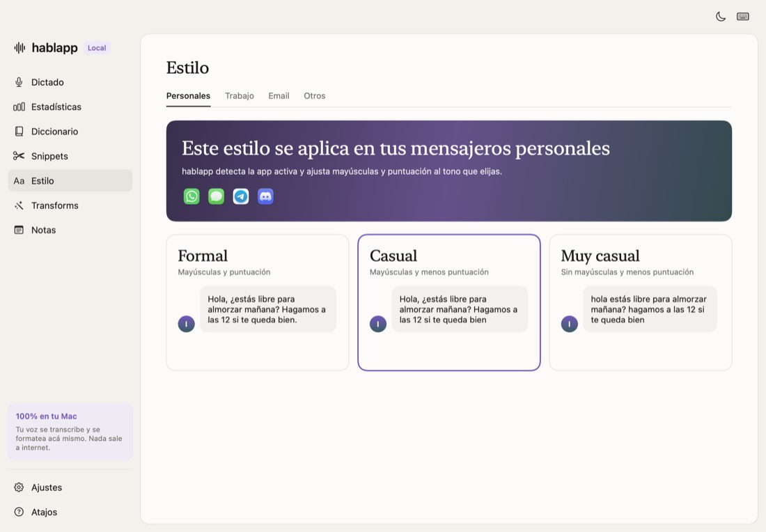 Página Estilo de hablapp con las categorías de tono