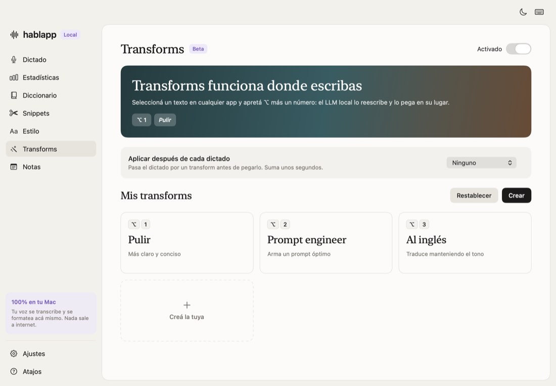 Página Transforms de hablapp con la lista de atajos